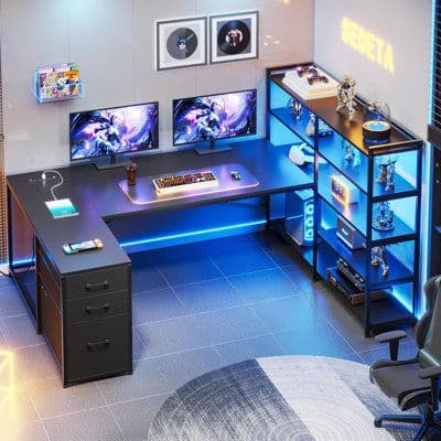 Gaming PC desk setup with dual monitors